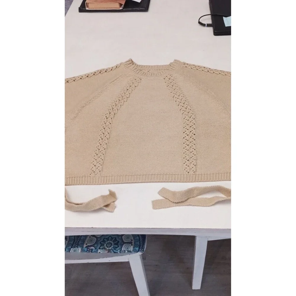 Women’s Khaki Knit Sweater XL Regular Crew Neck Short Sleeve Side Tie H4E233